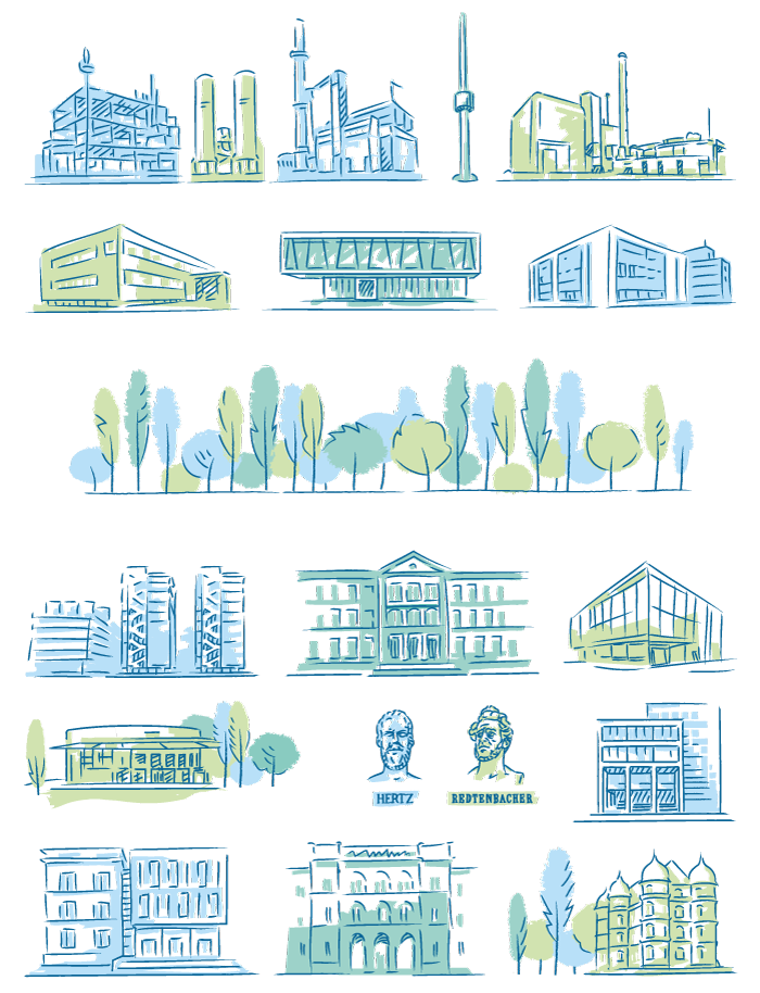 Handgezeichnete Illustrationen der Gebäude auf dem Campus des Karlsruher Institus für Technologie KIT.
