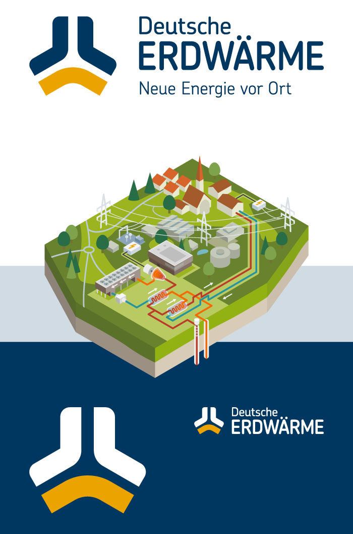 Logo fuer die Deutsche Erdwaerme und Illustration eines Geothermiekraftwerks