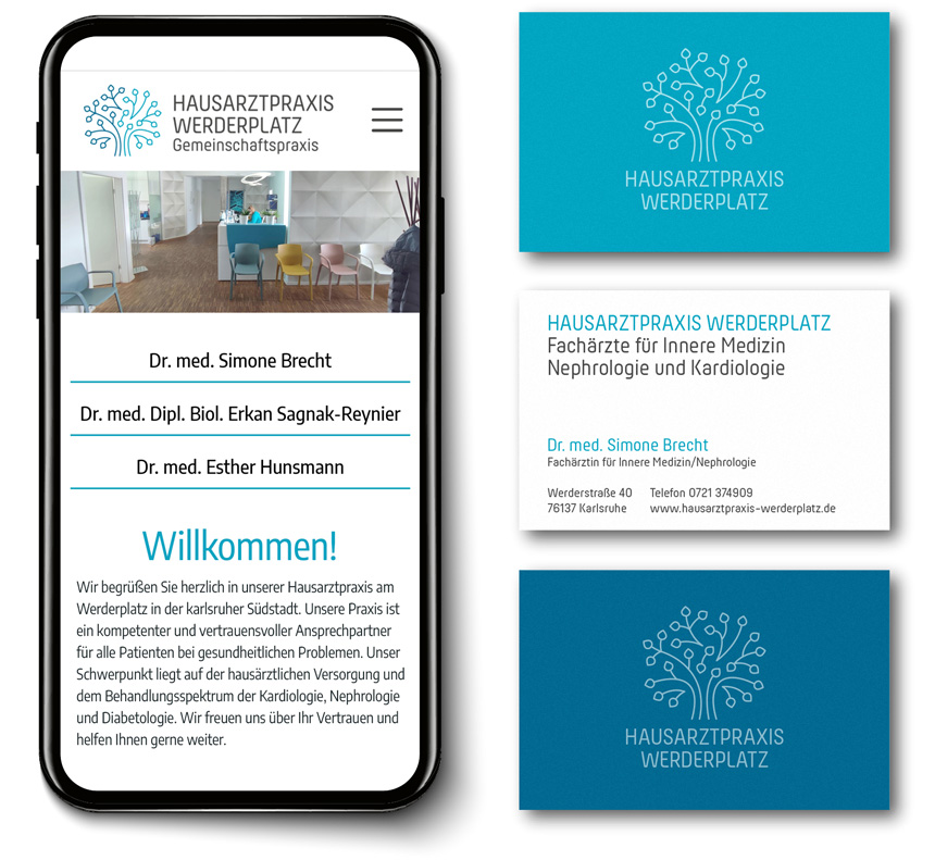 Handy mit Homepage und Visitenkarten der Hausarztpraxis Werderplatz in Karlsruhe
