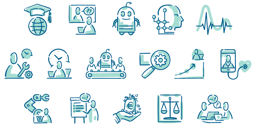 Gezeichnete zweifarbige Icons fuer ein Forschungsprojekt