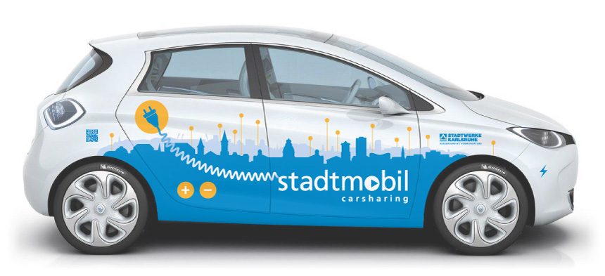 Fahrzeugbeschriftung für stadtmobil Karlsruhe mit Stadtsilhouette