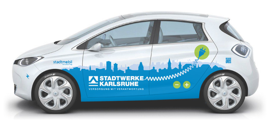 Fahrzeugbeschriftung für die Stadtwerke Karlsruhe mit Stadtsilhouette