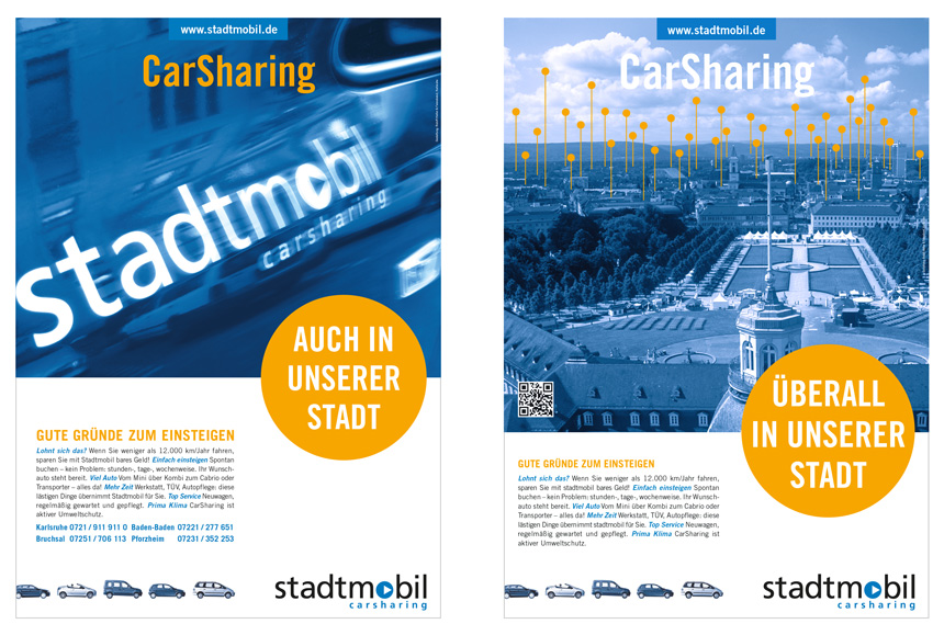 Plakate fuer stadtmobil Carsharing mit Stadtansicht von Karlsruhe
